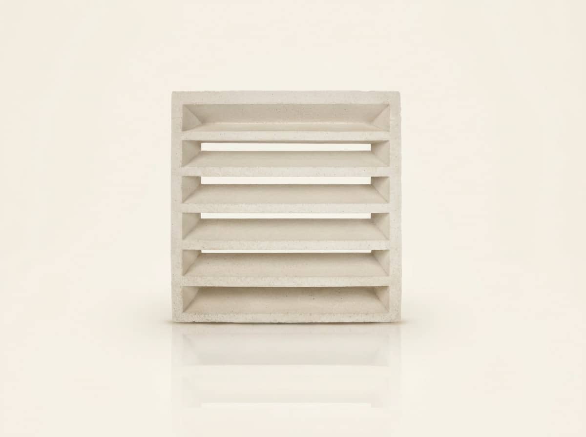 Celosía de hormigón de color claro con seis lamas horizontales. Es una persiana grande.