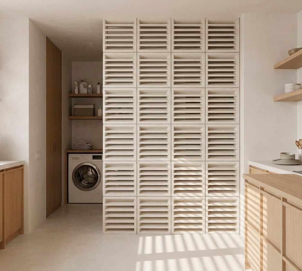 Celosía blanca de lamas, una persiana grande que divide cocina y lavadero moderno.