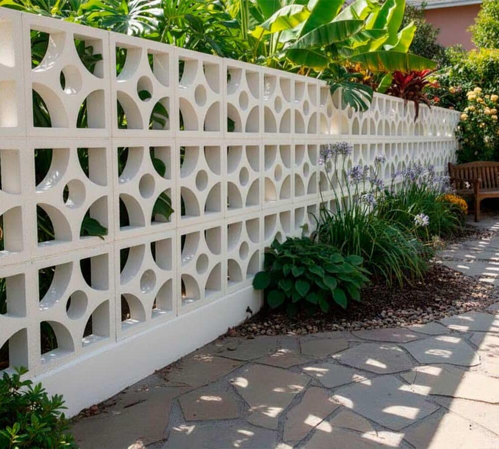 Una celosía de hormigón blanca modelo cúspide en un jardín con plantas y un camino.