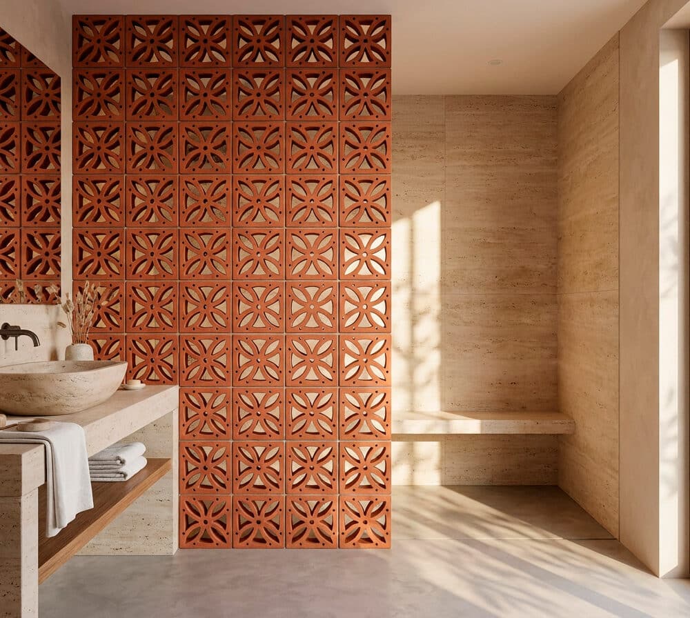 Un baño moderno con una pared de celosía flor de terracota y lavabo de piedra.