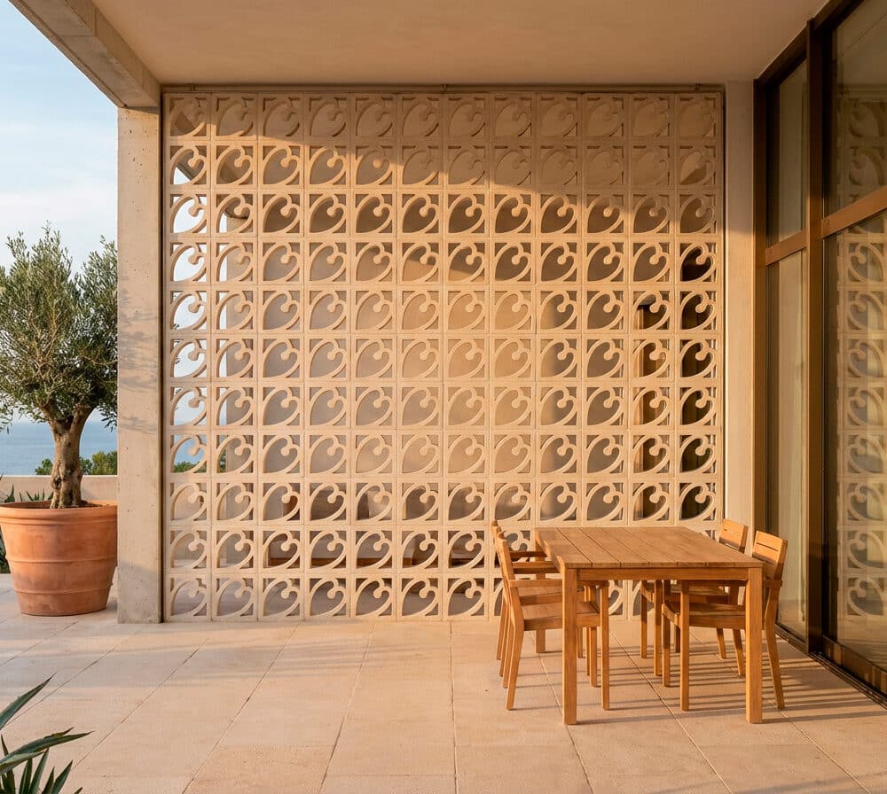 Terraza exterior con una celosía decorativa de hormigón