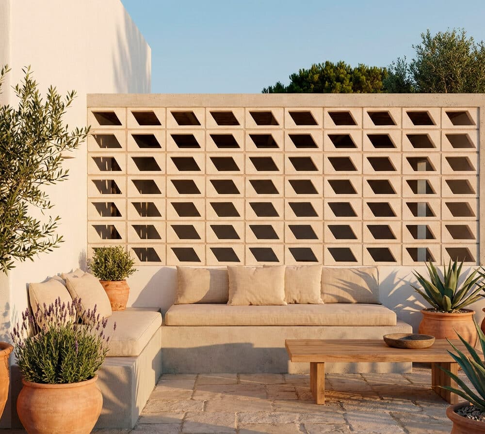 Una celosía terraza blanca decorativa crea un ambiente acogedor con sofá y plantas.