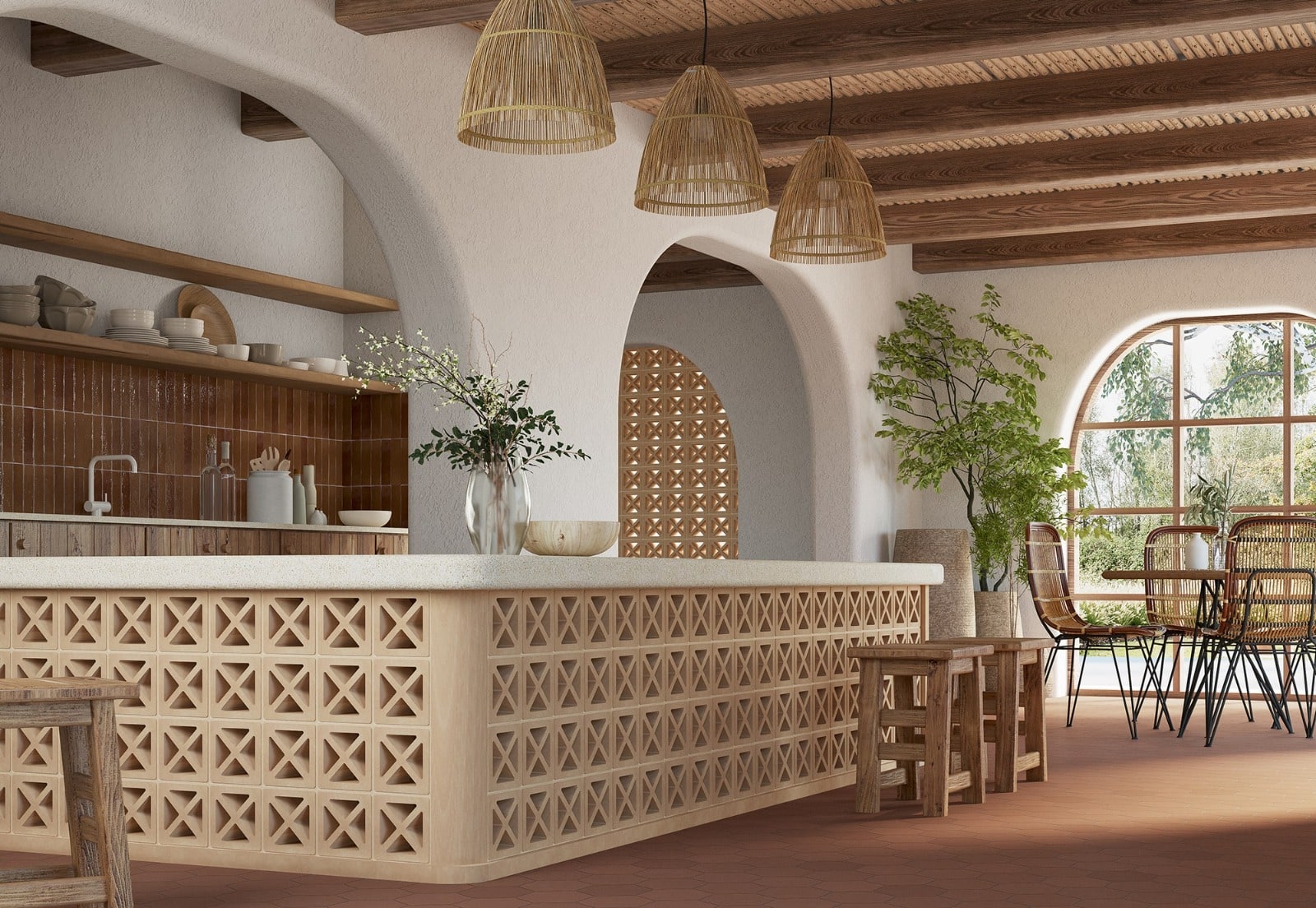 Cocina moderna con una celosía cerámica de gres que separa ambientes y filtra la luz.