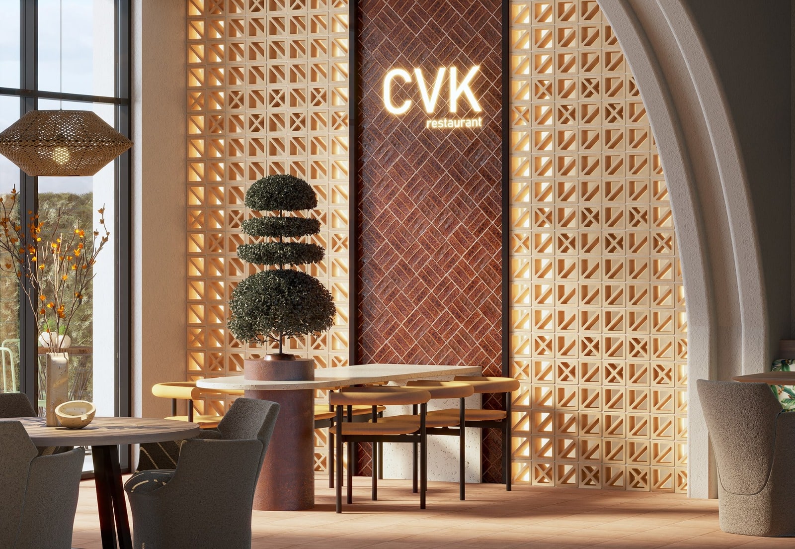 celosia ceramica de gres TRAMA X y CLG Diagonal render restaurante interior ceramica a mano alzada