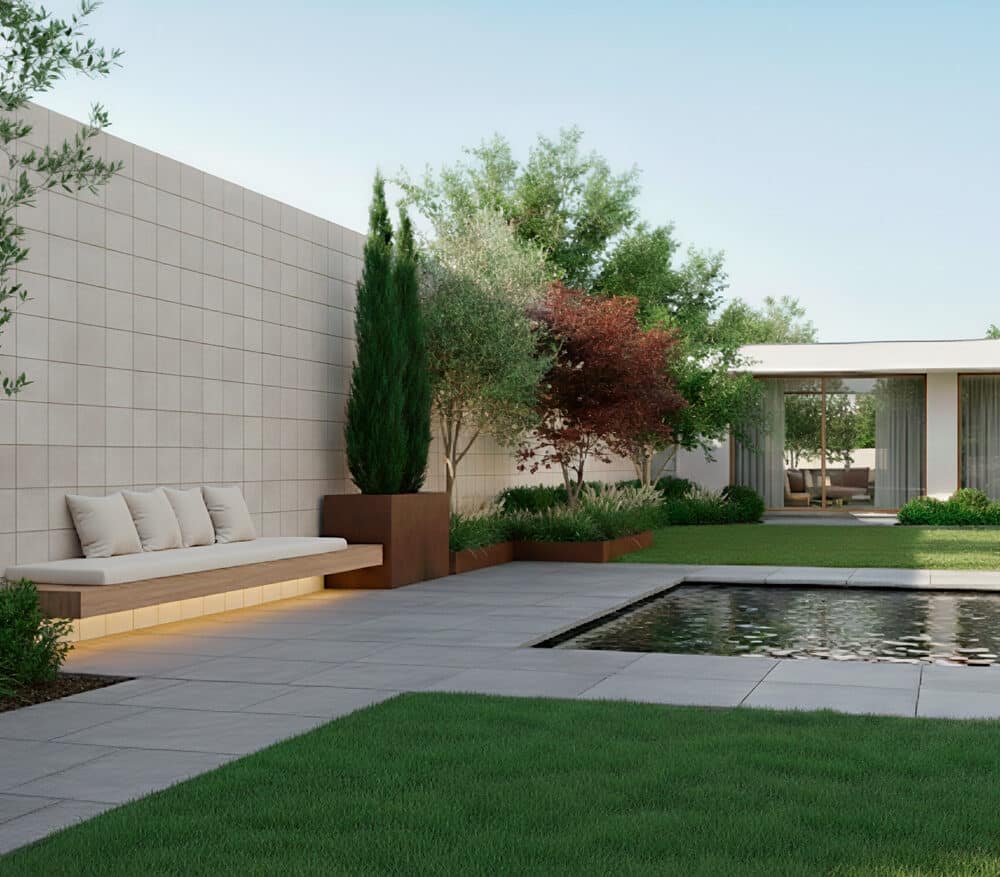 Celosía blanca de hormigón lisa en terraza moderna con banco y estanque.