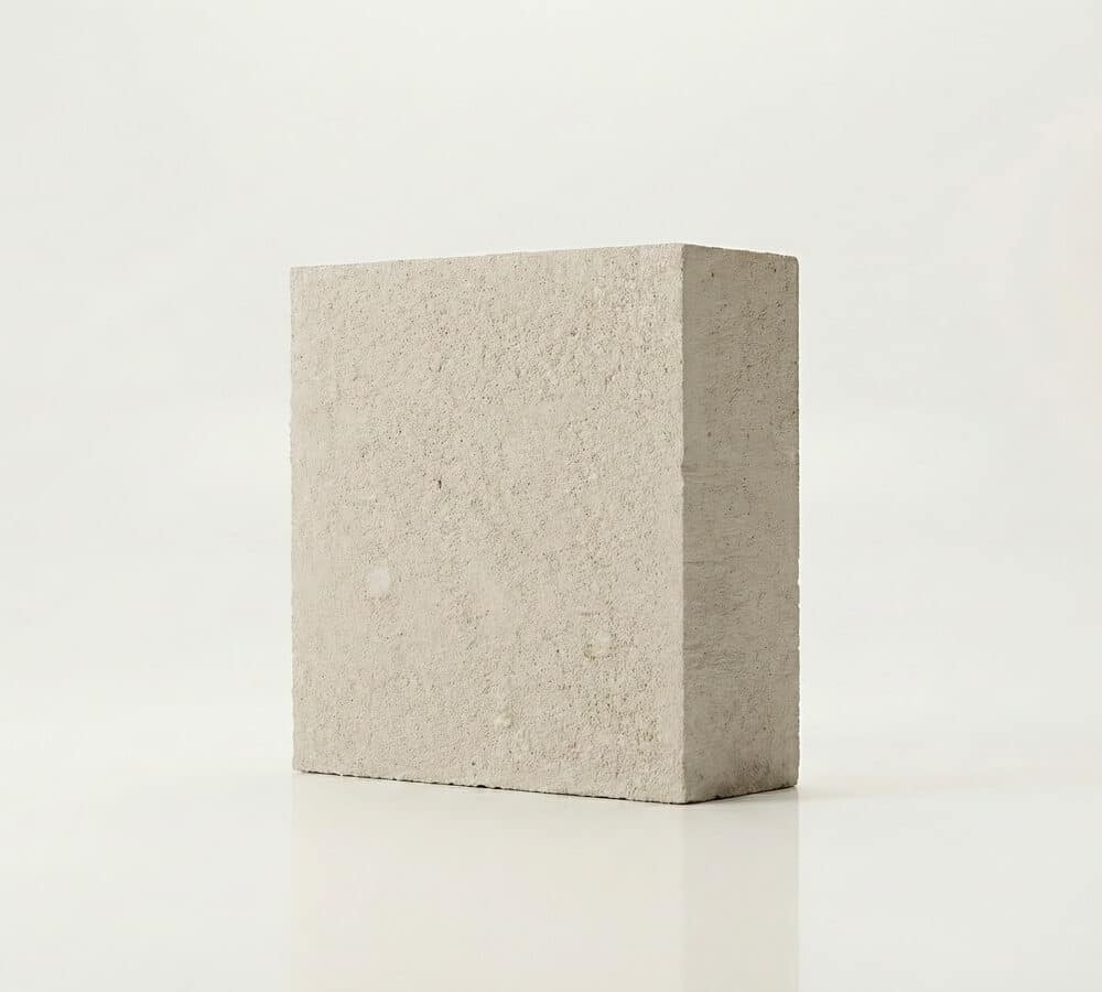 Bloque rectangular de hormigón liso de color blanco claro sobre fondo neutro.