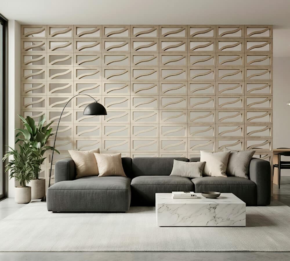 Celosia decorativa blanca modelo Duna con patrón ondulado en un salón moderno.