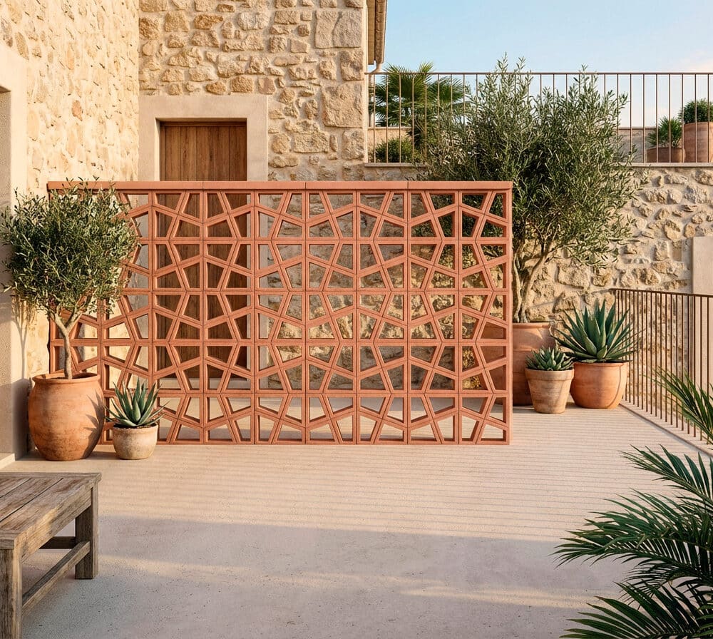 Celosía cerámica exterior Tetra Sienna en una celosia terraza con plantas y casa de piedra.