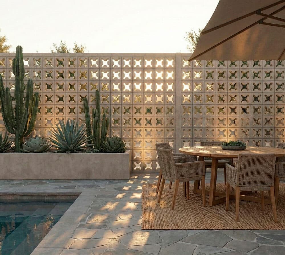 Celosía de hormigón blanco aspa en terraza exterior con piscina y plantas.