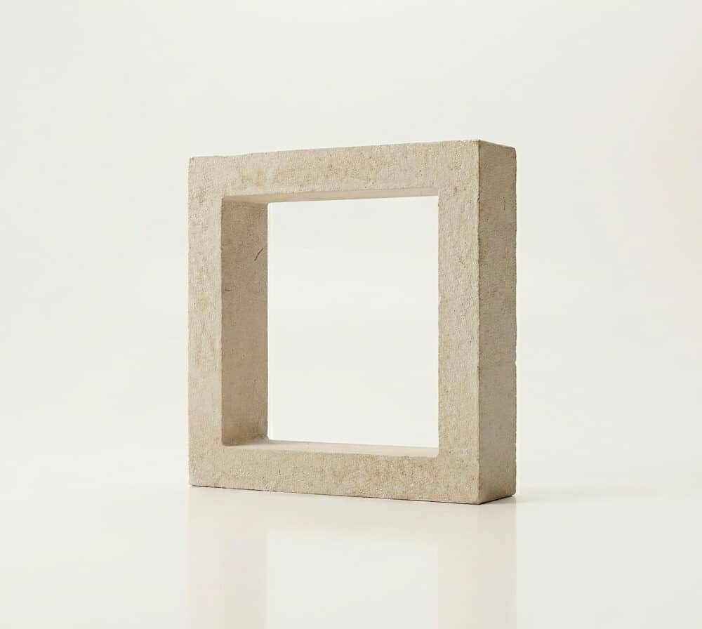 Bloque de hormigon blanco con forma de marco. Su textura rugosa es visible.