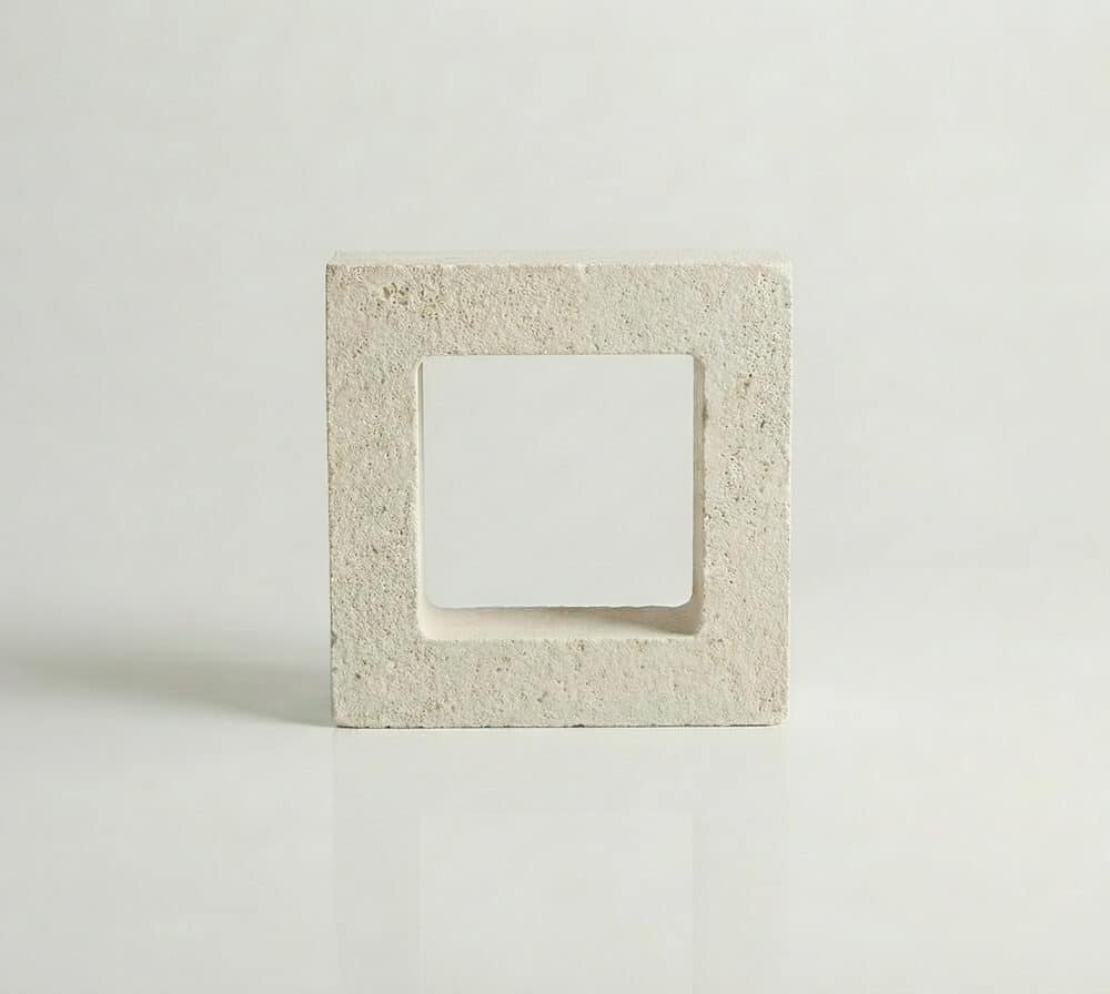 Bloque de celosía de hormigón claro con un agujero cuadrado. Perfecto para celosía terraza.