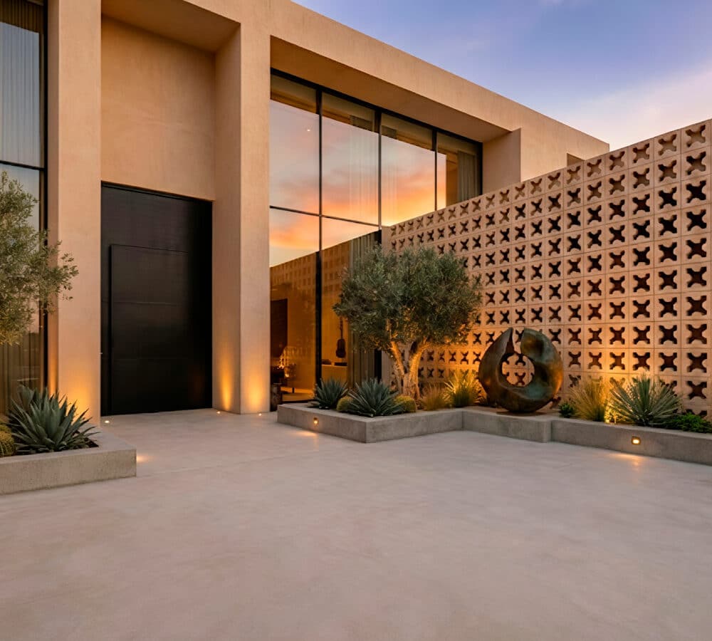 Celosia de hormigon exterior modelo aspa en una terraza moderna con plantas.