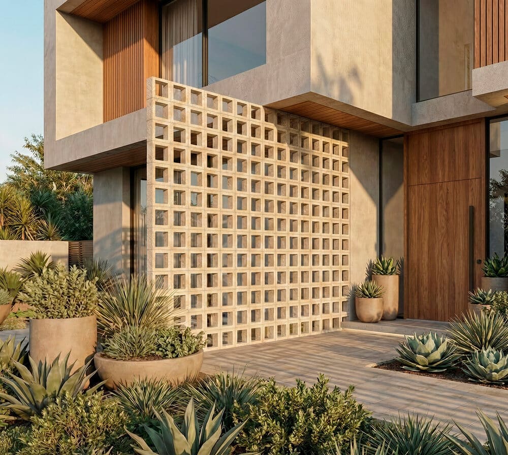 Celosía de hormigón exterior modelo marco en la entrada de una casa moderna con jardín.