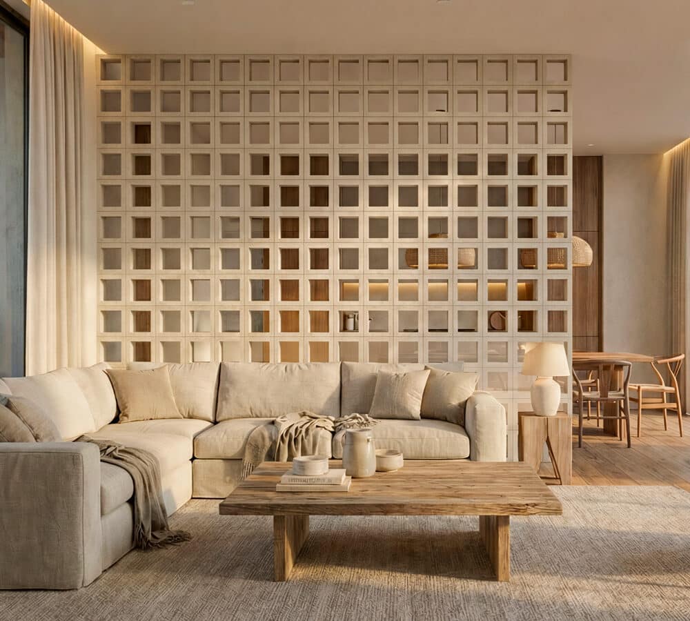 Celosía de hormigón interior modelo marco con diseño de cuadrados