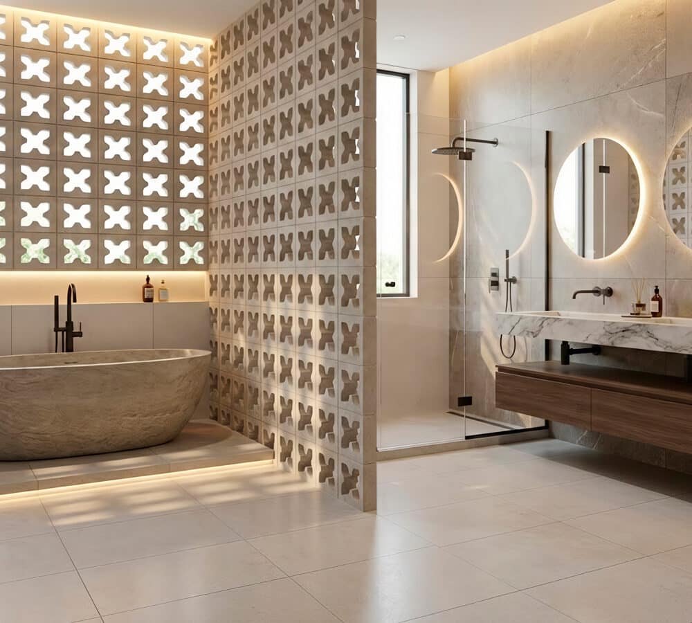 Celosía decorativa jazmín con patrón geométrico en un baño moderno