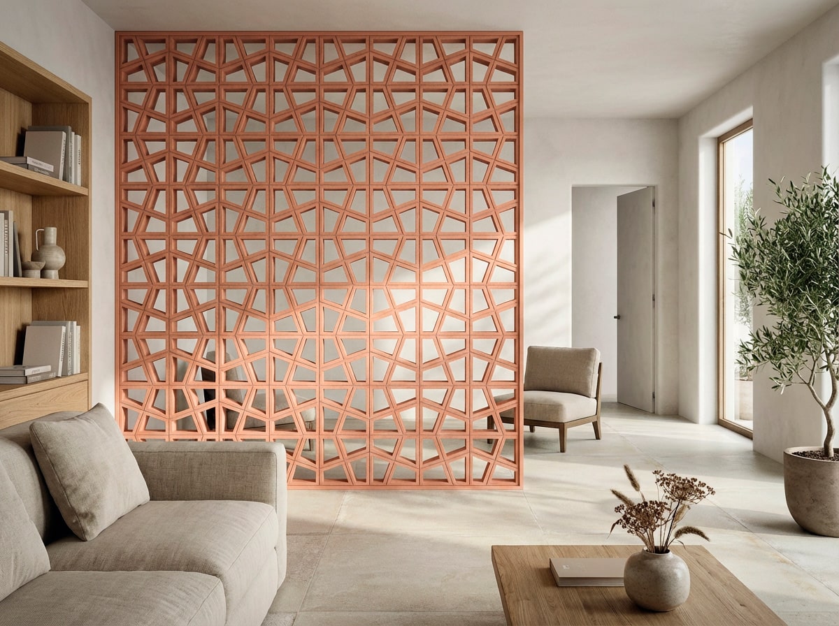 Celosía decorativa interior Tetra Sienna: patrón geométrico contemporáneo para interiorismo
