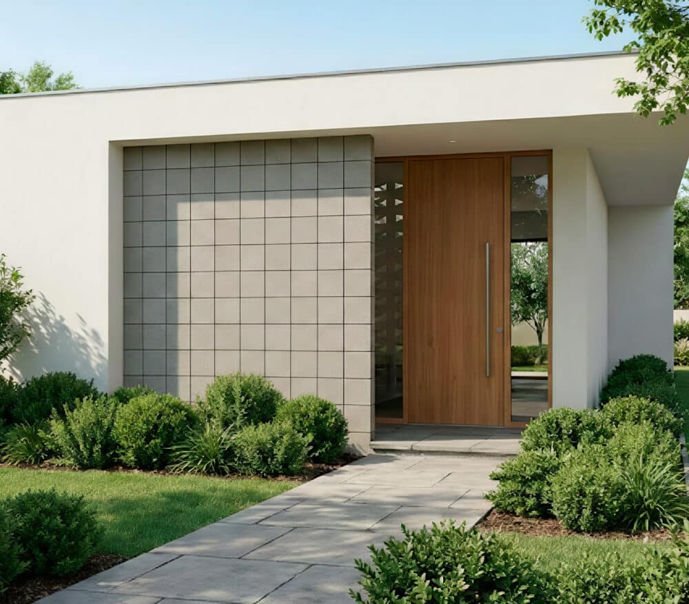 Celosia decorativa lisa en pared exterior de casa moderna con puerta de madera y jardín.