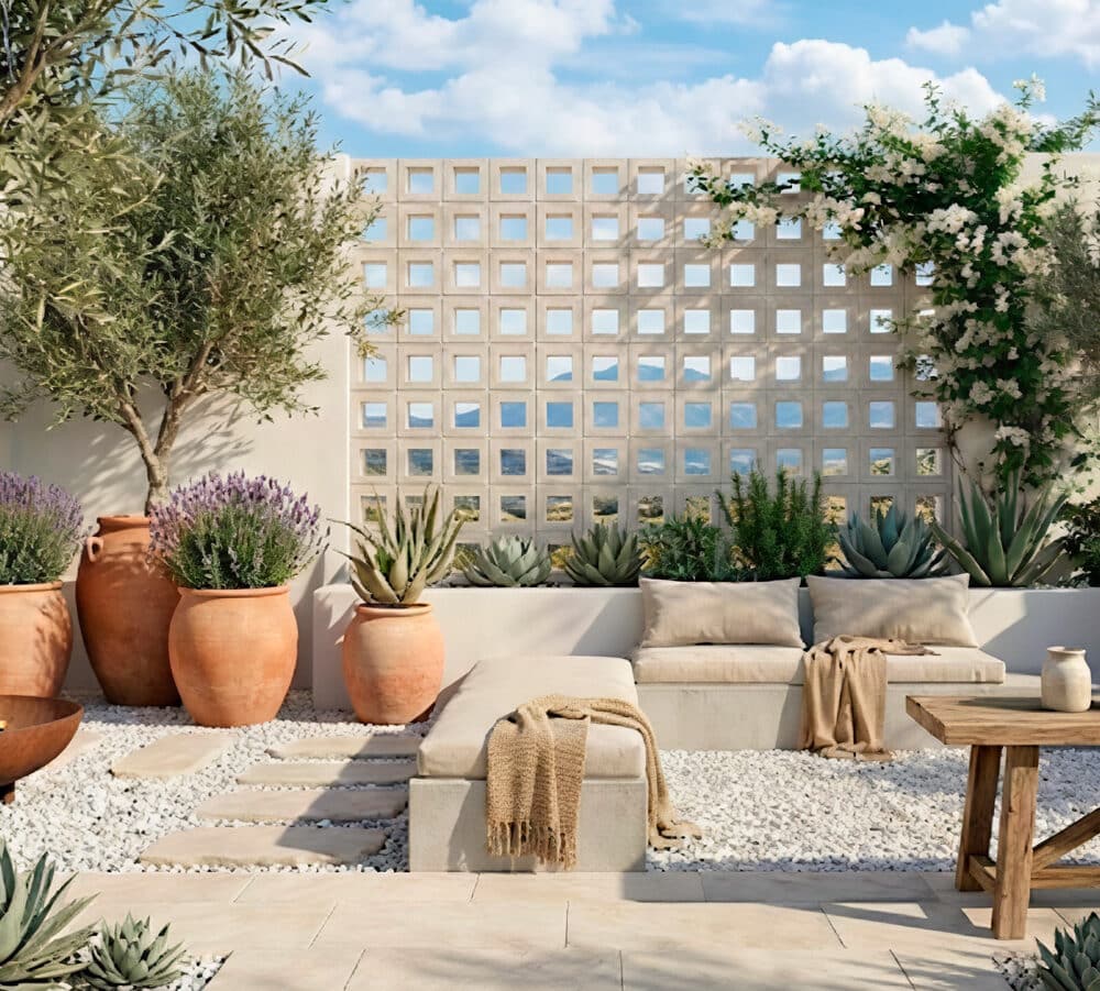 Celosía terraza decorativa modelo caja en un patio con plantas y asientos cómodos.