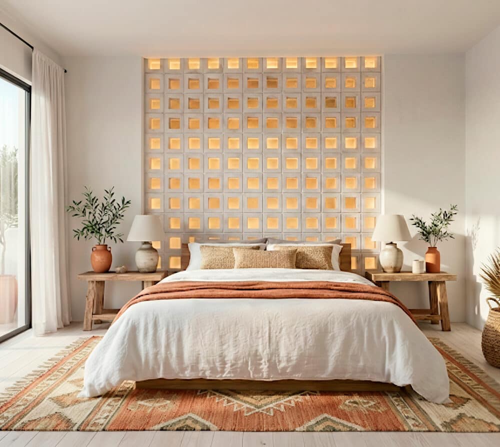Dormitorio con celosía decorativa de modelo caja iluminada detrás de la cama.