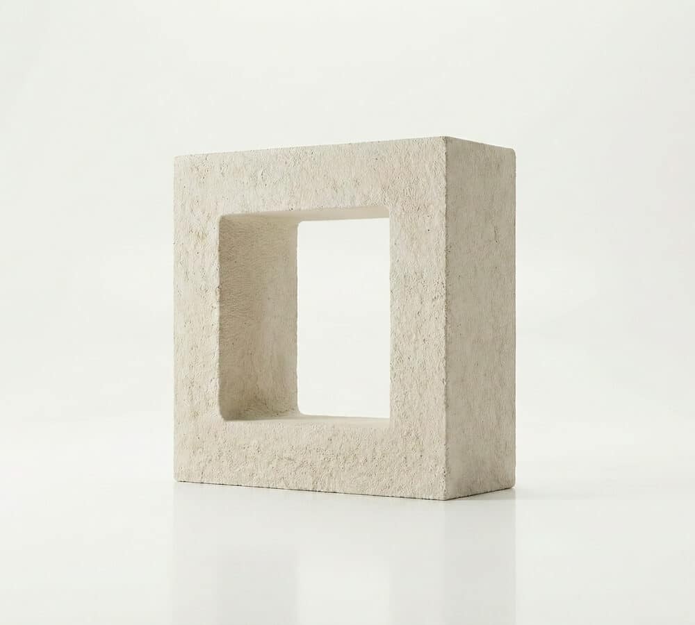 Bloque de celosía terraza blanco de hormigón con forma de caja y textura rugosa.