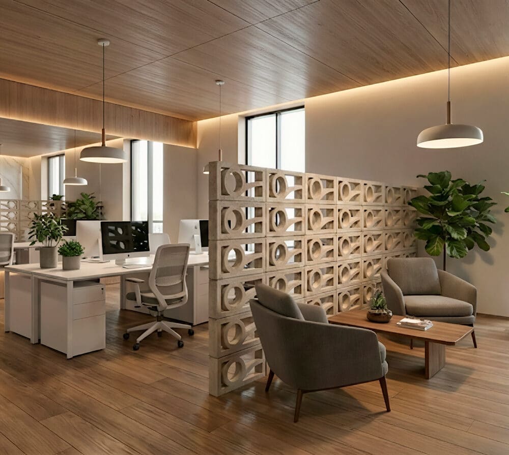 Celosía decorativa blanca Órbita divide un espacio de oficina moderno con plantas.