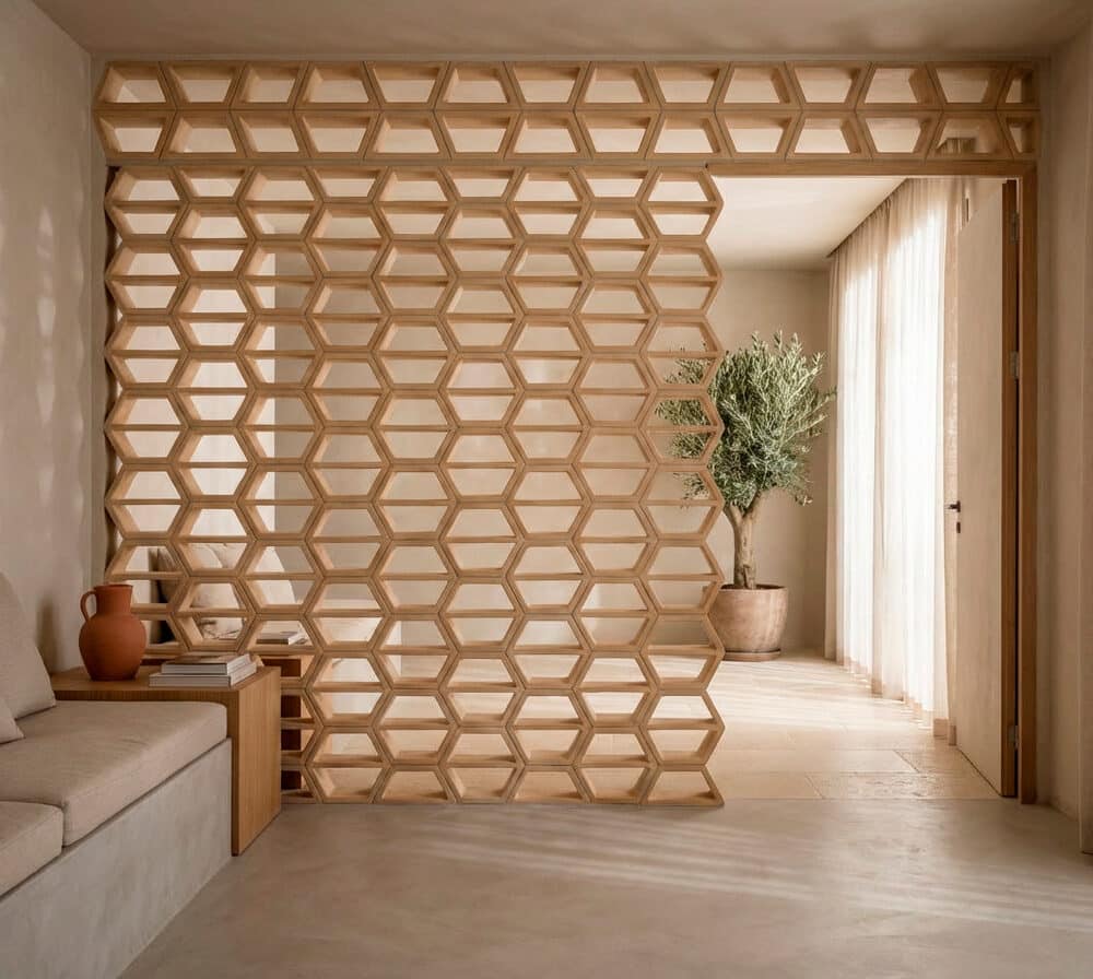 Celosía cerámica decorativa Prades hexagonal en salón con sofá y planta de olivo.