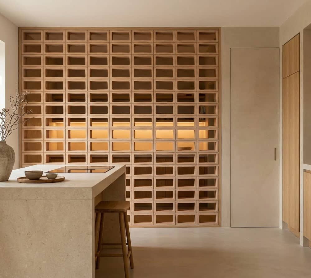 Celosía decorativa de cerámica en cocina interior moderna. Isla de piedra y muebles de madera.