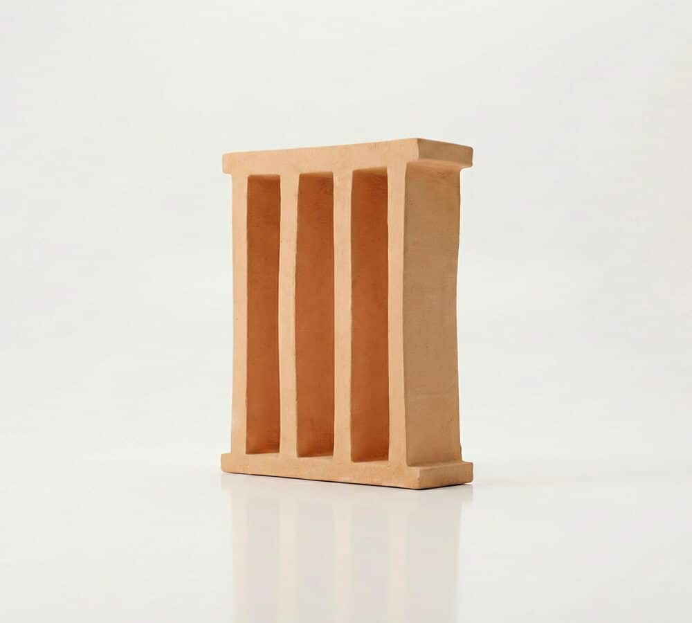 Bloque de celosía de terracota color natural con tres aberturas verticales para terraza.