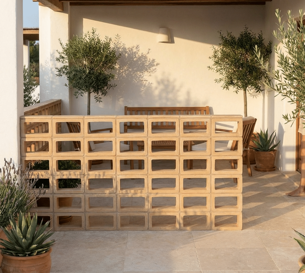 Terraza exterior con celosía de bloques rectangulares y plantas. Muebles de madera y suelo claro.