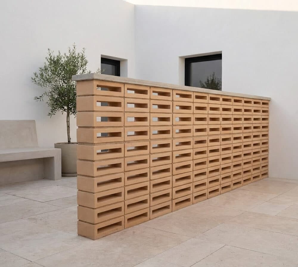 Celosía de bloques de terracota en una celosia terraza moderna con banco y olivo.