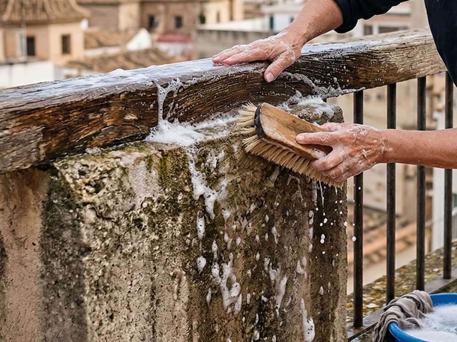 limpieza balaustrada agua jabon cepillo 1