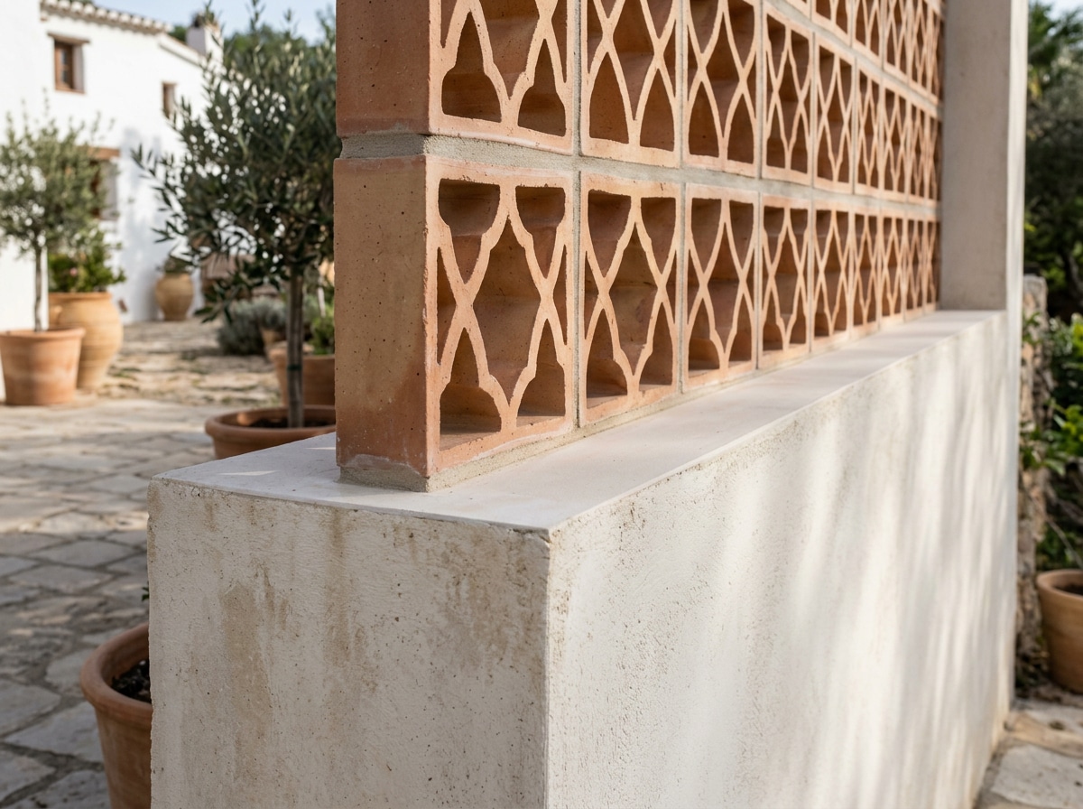 base para celosía cerámica correctamente nivelada sobre muro exterior