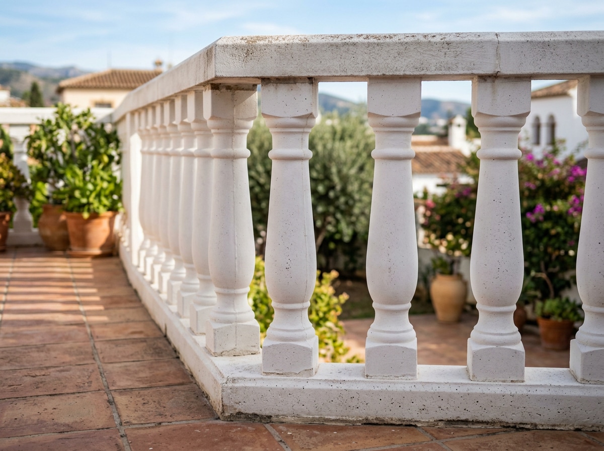 Detalle de balaustres, base y pasamanos en una balaustrada exterior